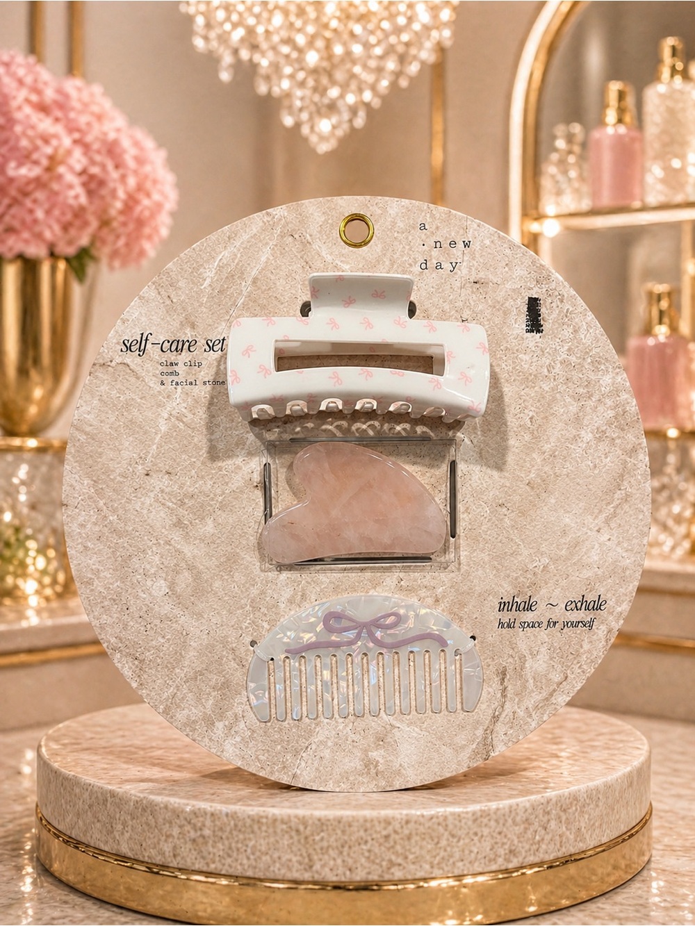 A New Day Self-Care Beauty Set w/ Claw Clip, Rose Quartz Gua Sha & Comb NWT
